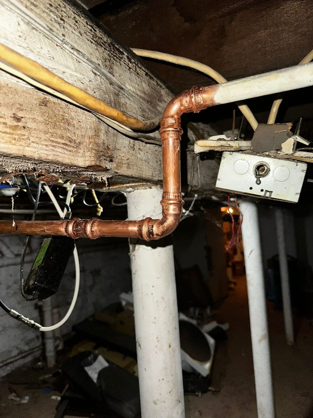 New copper water piping installed in a North Jersey basement after a pipe failure